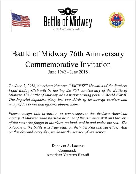 Battle Of Midway Th Commemoration Ceremony Invitation American Veterans Hawaii
