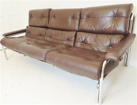 Stunning Vintage Pieff Brown Leather And Chrome Sofa Settee Tim Bates
