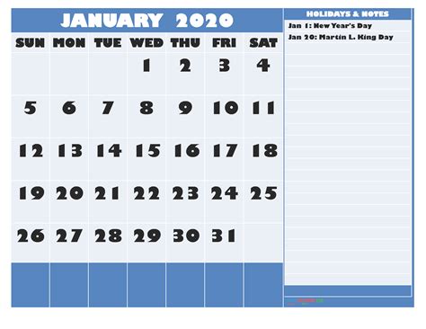 January 2020 Calendar With Holidays Word Pdf