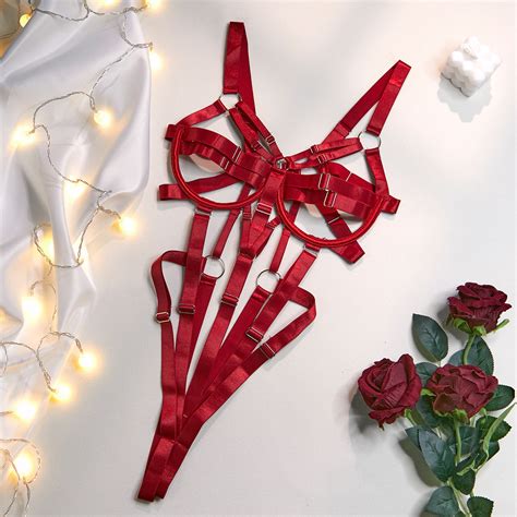 Valentines Suprise Erotic Satin Bodysuit Sexy Hollow Out Underwear
