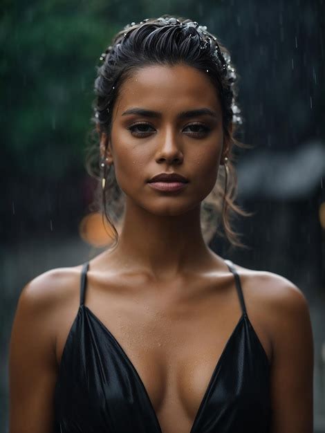 Premium Ai Image Woman In A Black Dress Standing Gracefully In The Pouring Rain With Her