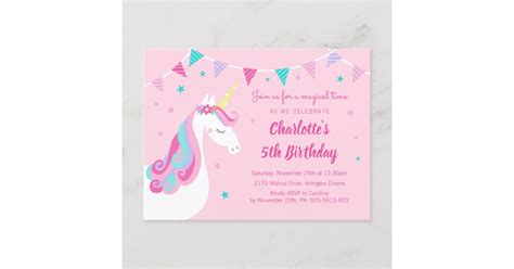 Whimsical Rainbow Unicorn Pink 5th Birthday Invitation Postcard Zazzle