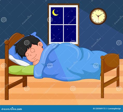 Cartoon Boy Sleeping At Night In Bedroom Stock Vector Illustration Of