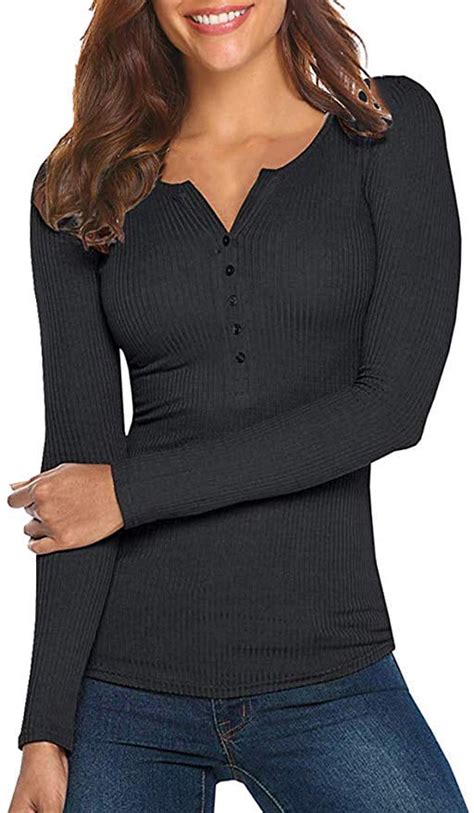 Womens Henley Shirts Long Sleeve V Neck Ribbed Button Knit Sweater