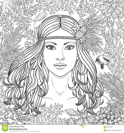 Head to draw a woman face. Girl Among The Corals Coloring Page Stock Vector ...