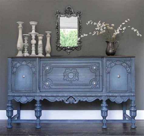 Stormy Ii Blue Gray Carved Oak Buffet Sideboard With Dark Stained Top