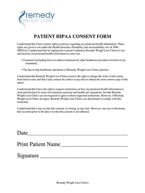 Fillable Online Patient Hipaa Consent Form Remedy Weight Loss Fax