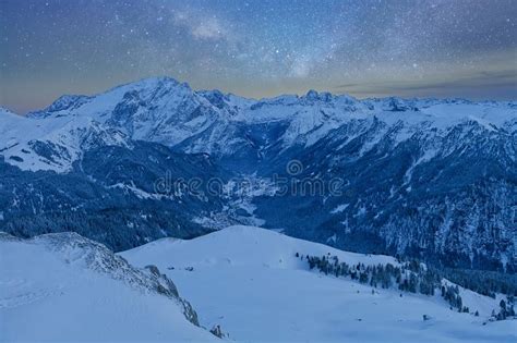 Fantastic Starry Sky Panoramic View Of The Val Di Fassa Ski Resort Of