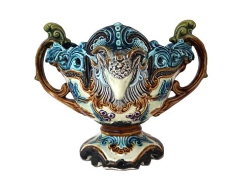 Antique Majolica Planter With Rams Head Figures French Glazed Ceramic