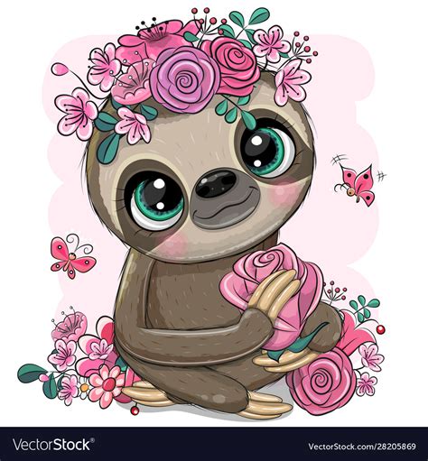 Cartoon Sloth With Flowers On A White Background Vector Image
