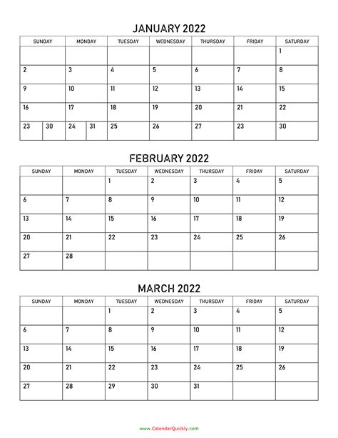Printable 2022 Calendar Three Months Per Page Gambaran