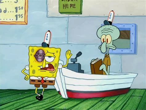 In this episode, spongebob gives himself a black eye. SpongeBuddy Mania - SpongeBob Episode - Blackened Sponge