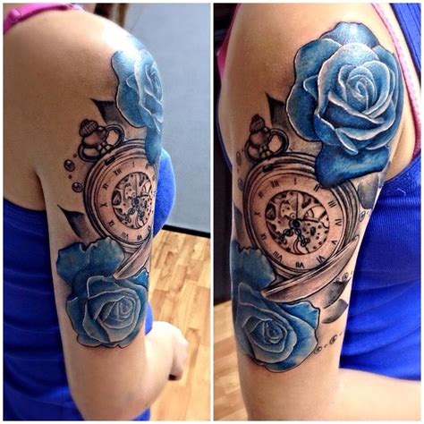 1st Tattoo Pocket Watch With Blue Roses And Pearl