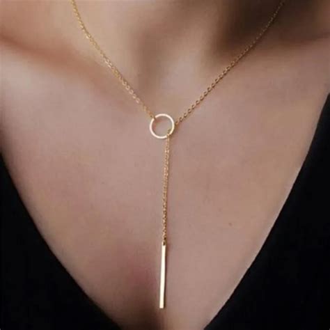 Y Shape Gold Circle Lariat Style Necklace Womens Unique Charming Tone