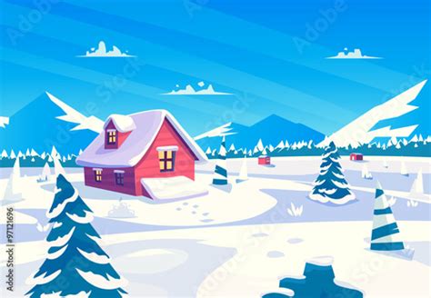 Vector Cartoon Illustration Of A Beautiful Snow Covered Village At Day