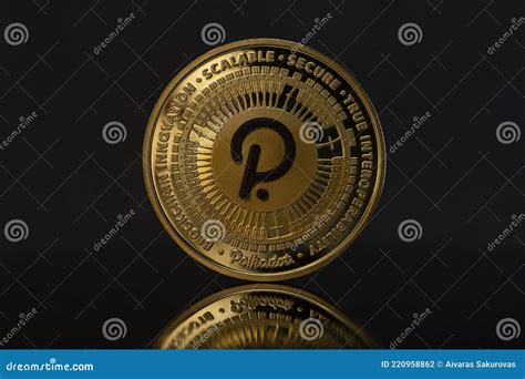 Polkadot Dot Crypto Coin Placed On Reflective Surface In The Dark Background Stock Photo Image