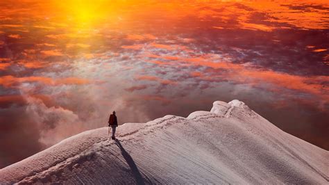 Standing At Snowy Peak Mountain Sunset Wallpaperhd Nature Wallpapers