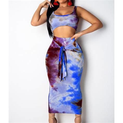 Sexy Tie Dyeing Print Two Piece Set Women Sleeveless Crop Top Bandage