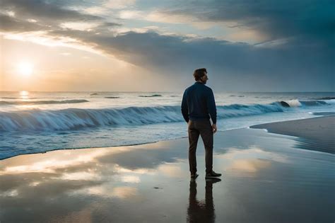Premium Ai Image A Man Stands On A Beach Looking At The Ocean