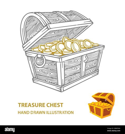 Treasure Chest With Golden Coins Hand Drawn Opened Wooden Pirate