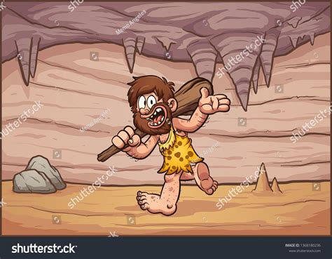 Cartoon Caveman Walking In A Cave Interior Background Clip Art Vector
