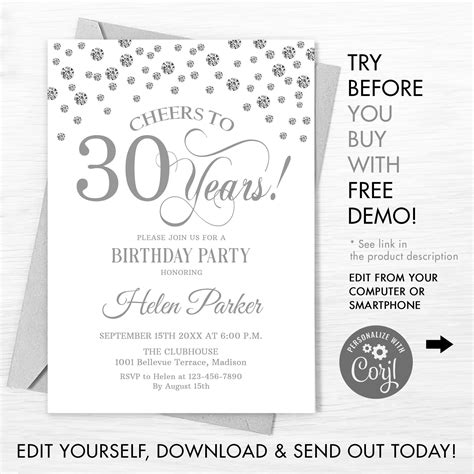 Diy 30th Birthday Invitation Digital Template Can Be Customized To