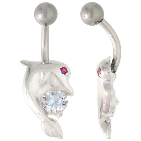 Sabrina Silver Dolphin Belly Button Ring With Clear Cubic
