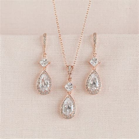 Wedding Jewelry Set Rose Gold Crystal Bridal Earrings Etsy