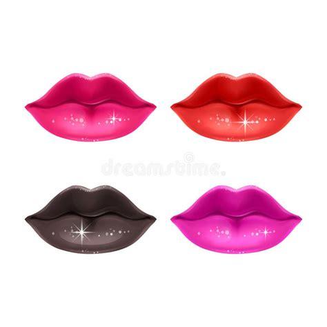 set of female lips in cartoon style colored in different lipstick colors isolated on white