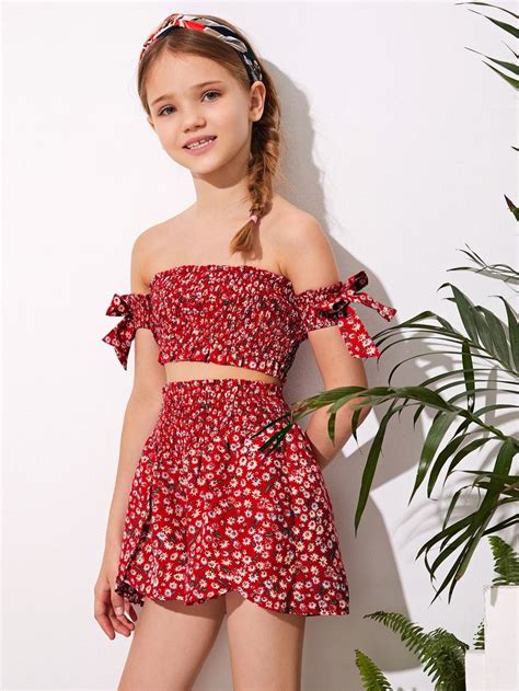 Shein Girls Off Shoulder Knot Sleeve Shirred Ditsy Floral Top And Shorts Set Tween Fashion