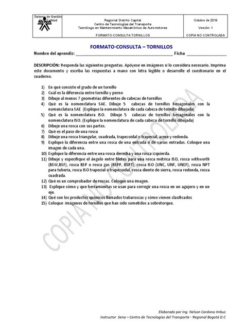 Formato Consulta Tornillos Pdf Tornillo Procesos Industriales