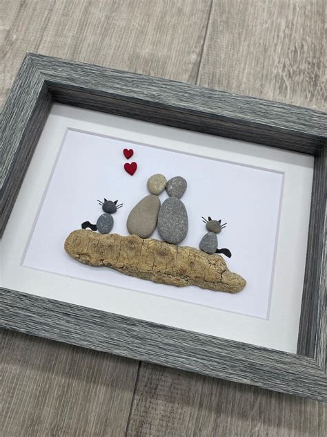 Pebble Art Couple with cats 5 by 7 framed couple pebble | Etsy