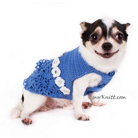 Blue Lace Crocheted Dog Dress With White Flowers Crystal Df85 By