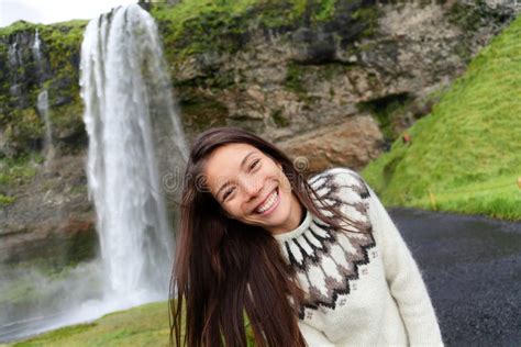 Woman On Iceland In Icelandic Sweater By Waterfall Stock Photo Image