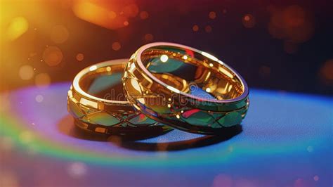 Two Gold Wedding Rings With Rainbow Light Shiny Background Generative