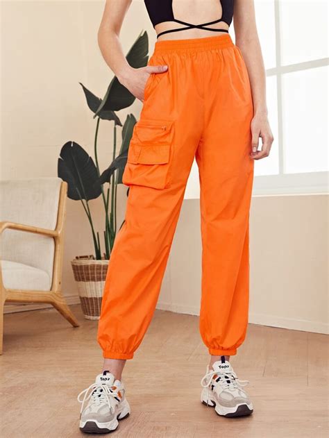 Neon Orange Elastic Waist Zipper Flap Pocket Pants Shein Usa Long