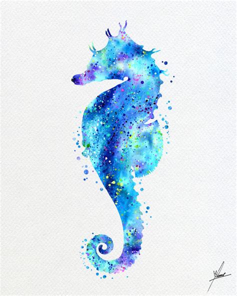 Aqua Seahorse Sea Life Watercolor Illustrations Wall Art Etsy