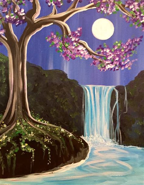 Purple Pink Flowering Tree With Waterfall And Moon Set Watercolor