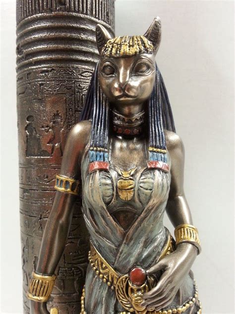 Egyptian Goddess Bast Bastet Cat Statue Leaning On Candle Pillar