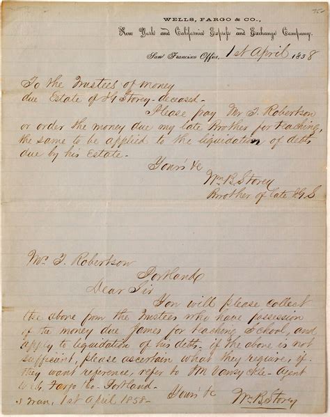Wells fargo & co is responsible for this page. 1858 Wells Fargo Letterhead about Estate Liquidation - Holabird Western Americana Collections