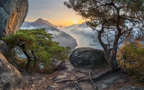 Download Wallpapers Mountain Landscape River Morning Sunrise Fog