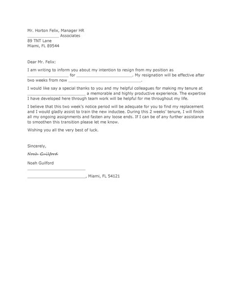 Free Two Weeks Notice Letter Template Free Printable Templates