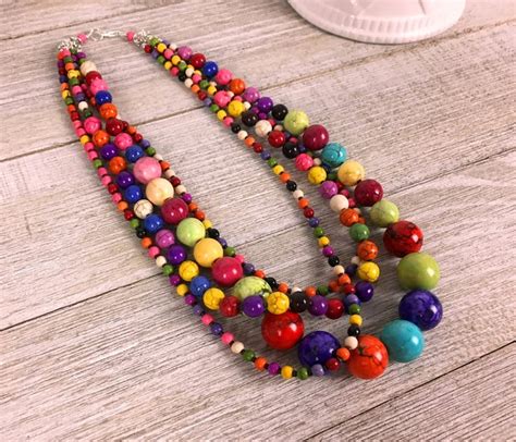 Chunky Layered Beaded Statement Necklace Colorful Multistrand Etsy