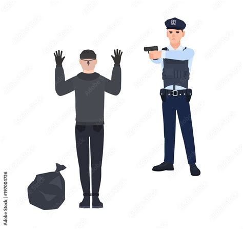 Policeman In Police Uniform Pointing Gun At Robber Or Burglar Cop