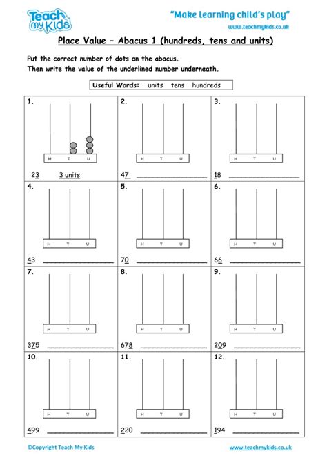 You will find all the comprehensive collection of questions with solutions in these worksheets which will help you to revise complete syllabus and score more marks in a fun way. Place Value - Abacus 1 (hundreds, tens and units) - TMK ...