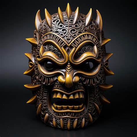 Premium Ai Image Wooden Tiki Mask With Gold Hair And Fierce Teeth