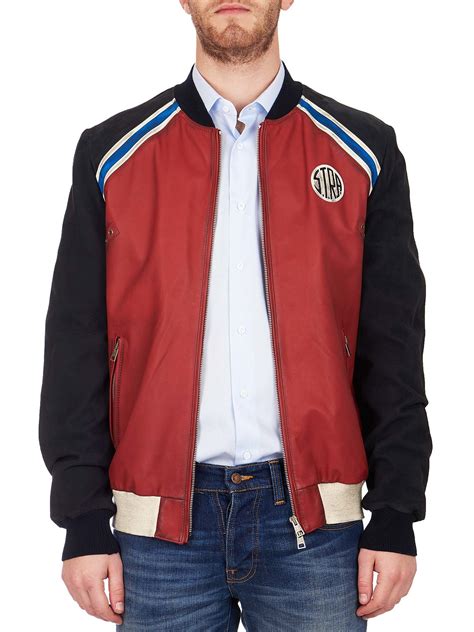 Stra Mens Red And Black Leather And Suede Bomber Jacket