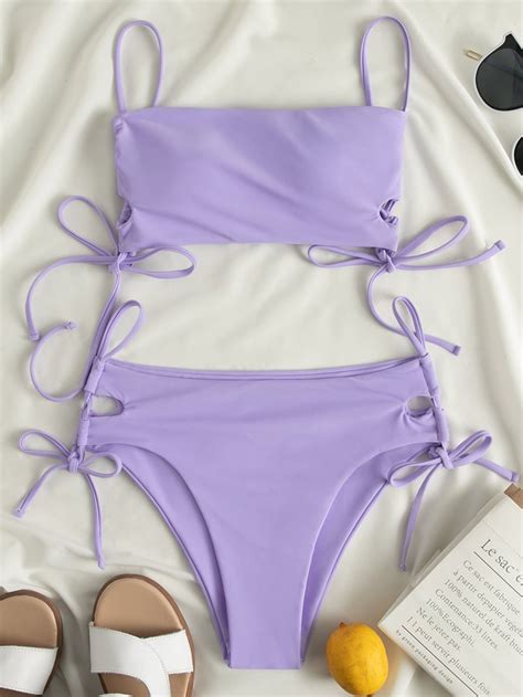 Lilac Purple Cute Nylon Plain Bikinis Embellished High Stretch Women