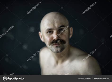Cheerful Bald Man Mustache Portrait Young Man Smiling Posing