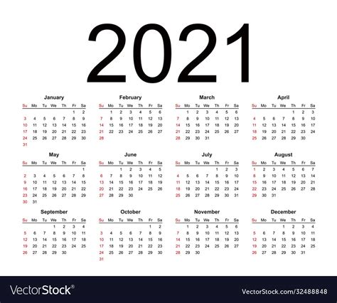 Calendar 2021 Year Simple Style Week Starts From Vector Image